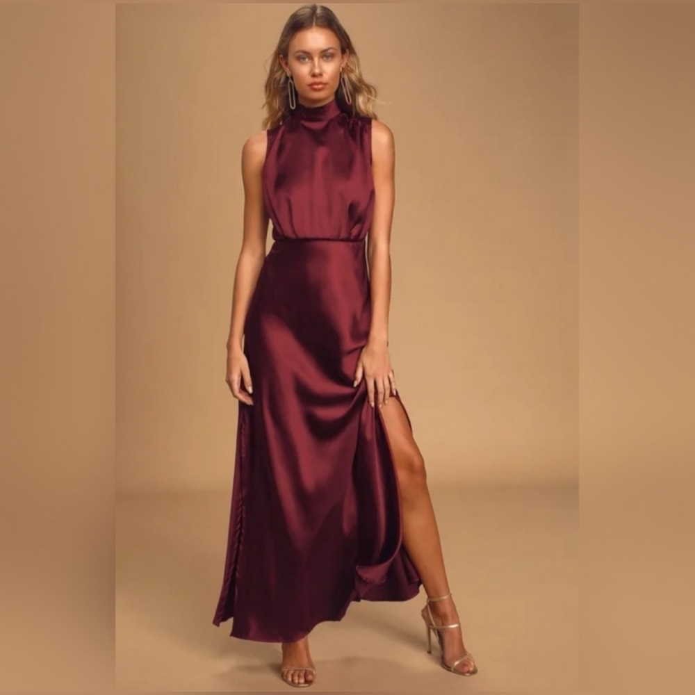 Lulus - Classic Elegance Wine Satin Maxi Dress - Picture 6 of 7